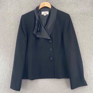 Le Suit Blazer Womens 8 Black Pleated Bow Detail Shawl Lapel Button Up Formal*
